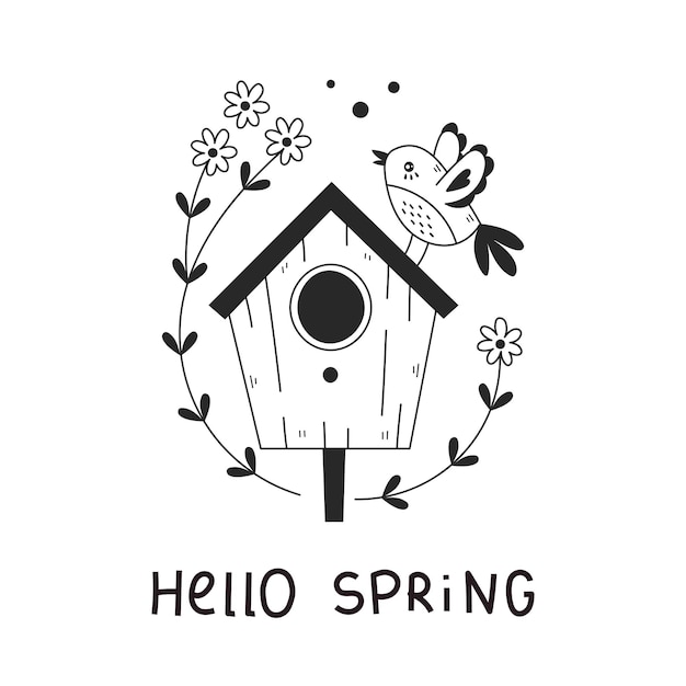 Hola texto de primavera casa de pájaros y pájaro en estilo doodle Ilustración vectorial aislada dibujos animados