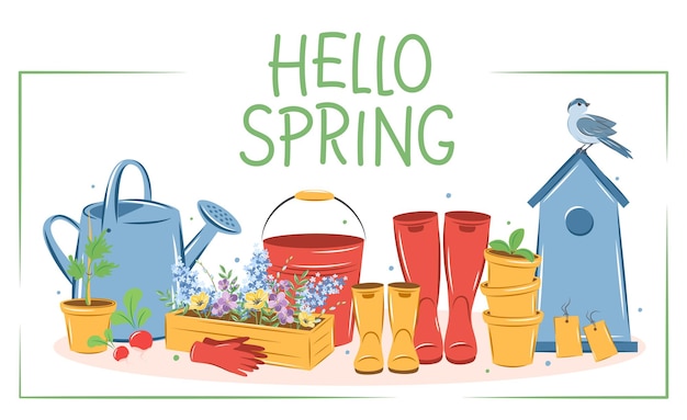 Hola texto de primavera Jardinería cultivo de plantas herramientas agrícolas