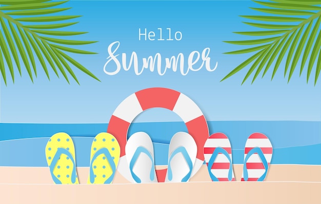 Vector hola texto de verano con accesorios de playa y cocotero estilo de arte en papel ilustración vectorial