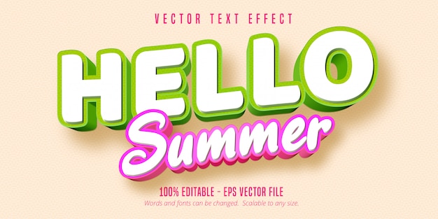 Hola texto de verano, efecto de texto editable de estilo cómico