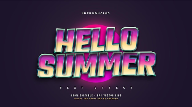 Hola texto de verano en estilo retro colorido con efecto de relieve 3d. efecto de estilo de texto editable