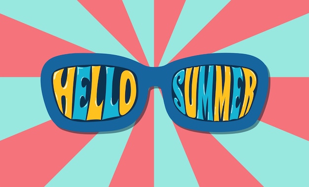 Hola texto de verano en gafas de sol marco pancarta ilustración vectorial tarjeta de felicitación a la nueva temporada con fondo retro funky