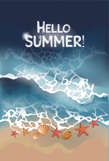 Hola, texto de verano sobre la textura del agua y la playa. Olas oceánicas, arena y estrellas de mar. Apertura de la temporada de verano.