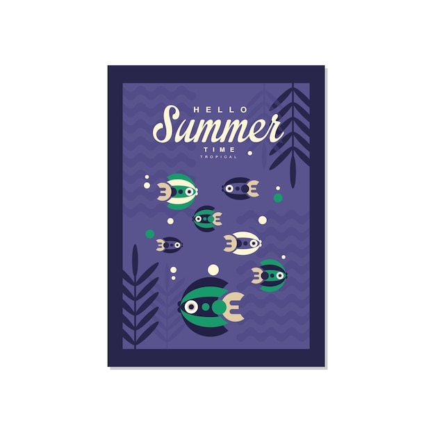 Hola tiempo de verano plantilla de pancarta de moda fondo estacional con peces de mar para cartel capa de tarjeta postal impresiones de folleto invitación vector Ilustración diseño web
