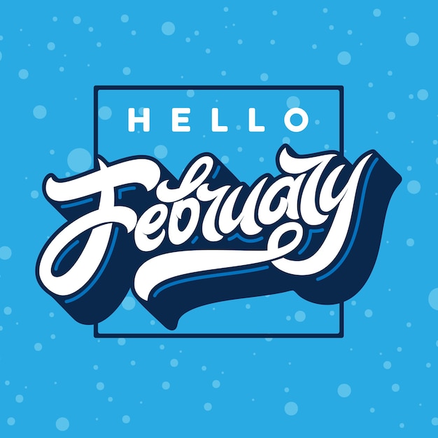 Hola tipografía de febrero con marco rectangular con nieve cayendo.