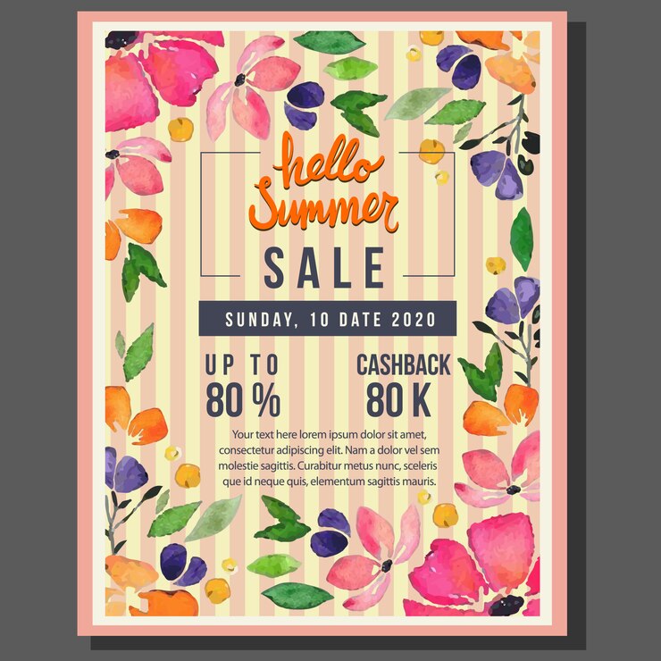 Hola venta de cartel de verano con ilustración de acuarela de flores.