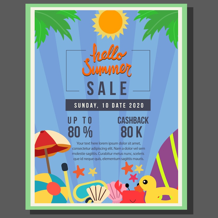 Hola venta de plantilla de cartel de verano con ilustración de vector de borde de estilo plano