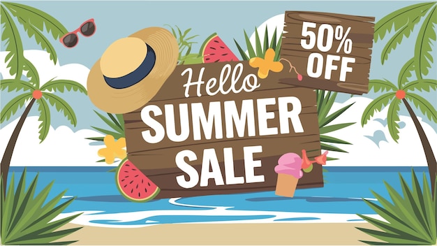 Hola, venta de verano, diseño de banner vectorial con 50 dólares de descuento.