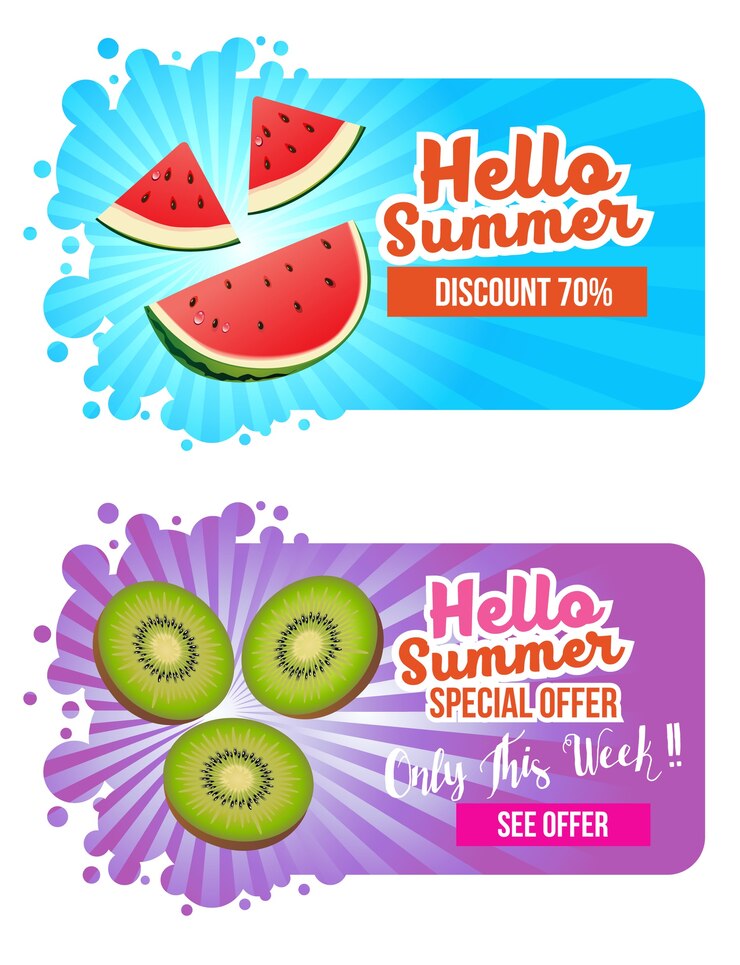 hola, verano, bandera, con, sandía, y, kiwi, fruta