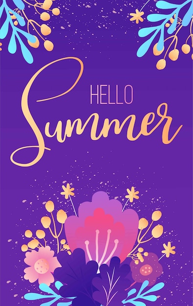 Hola verano. banner de diseño con flores brillantes. tarjeta con flores brillantes coloridas mágicas