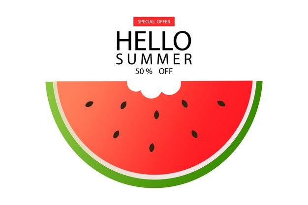 Hola verano, banner de sandía, banner de venta, 50% de venta, sandía aislada,