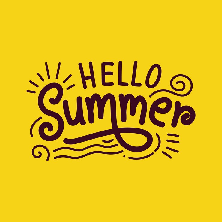 Vector hola verano caligrafía dibujada a mano sobre fondo amarillo con elementos de verano