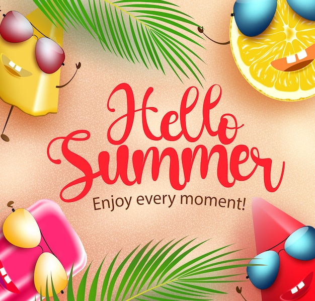 Vector hola verano carácter vector banner fondo hola texto de verano con linda temporada tropical