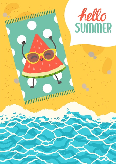 Hola verano colorido postal diseño plano vector ilustración