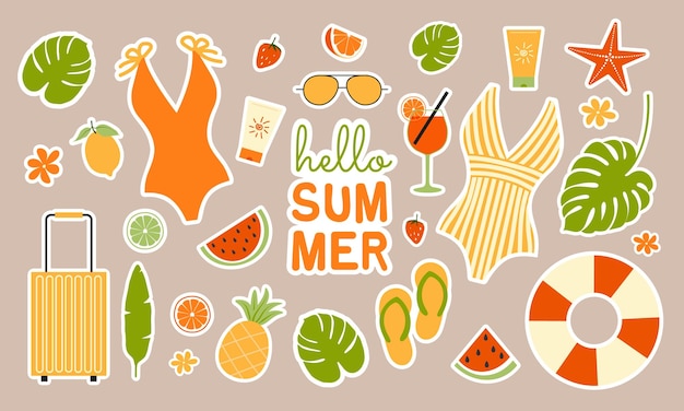 Hola verano Conjunto de bonitas pegatinas de verano de trajes de baño gafas frutas y hojas tropicales vector