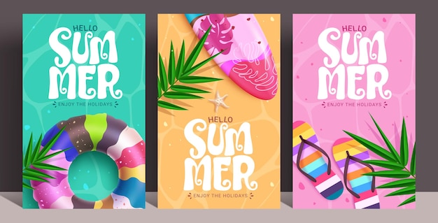Hola verano conjunto de póster de clipart de fondo abstracto Hola verano texto de saludo en colorido tropical