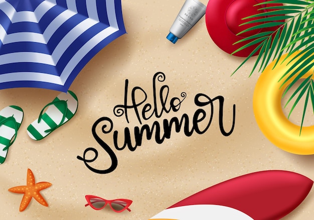 Hola verano en diseño de fondo de vector de arena Hola texto de verano con elementos de viaje de playa