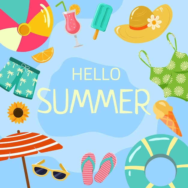 Hola verano diseño de pancarta vectorial venta de verano cartel helado gafas de sol cóctel y estado de ánimo de verano
