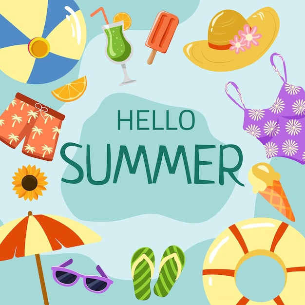 Hola verano diseño de pancarta vectorial venta de verano cartel helado gafas de sol cóctel y estado de ánimo de verano