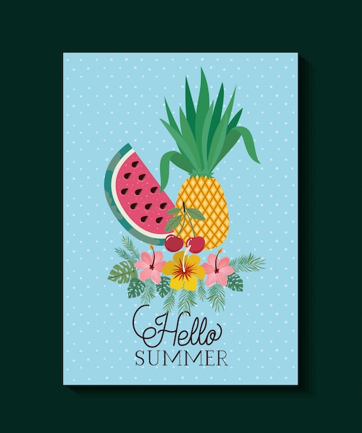 Hola verano y diseño de tarjeta de vacaciones.