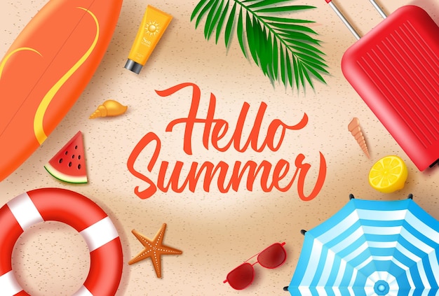 Hola verano en diseño de vector de fondo de arena Hola texto de verano con elementos de playa como equipaje