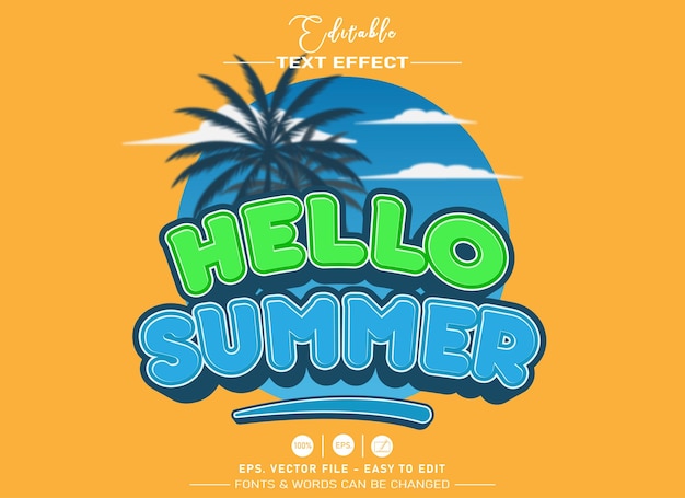 Hola verano efecto de texto editable estilo dibujos animados en 3D