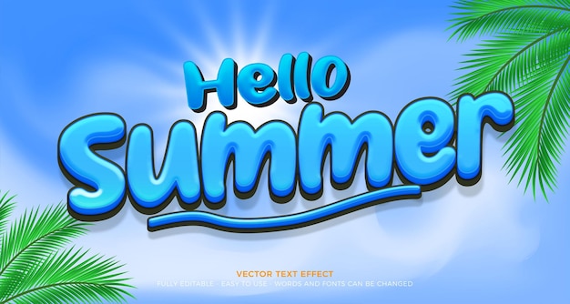 Hola verano con efecto de texto vectorial