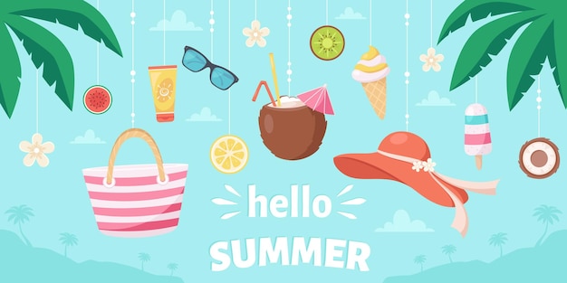 Hola verano elementos de verano sombrero de playa piña colada gafas de sol protector solar helado