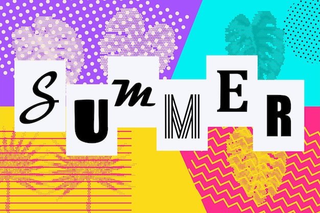 Hola verano estilo retro vacaciones telón de fondo 80s 90s pop art verano letras de texto cómico