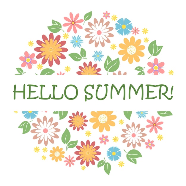 Hola verano floral corona estandarte floral estacional plantilla con letras diseño floral redondo con