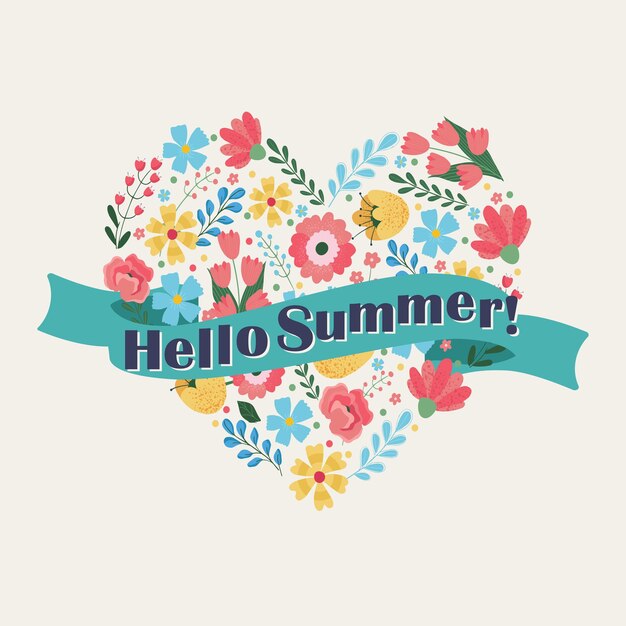 Hola verano flores vintage en forma de corazón sobre un fondo blanco