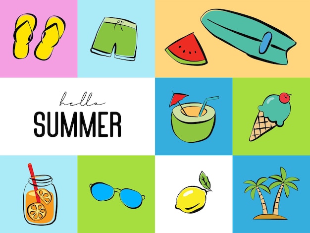 Hola verano con fondo de decoración de elemento de objeto.