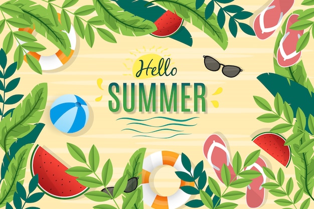 Hola verano con fondo de playa y hojas