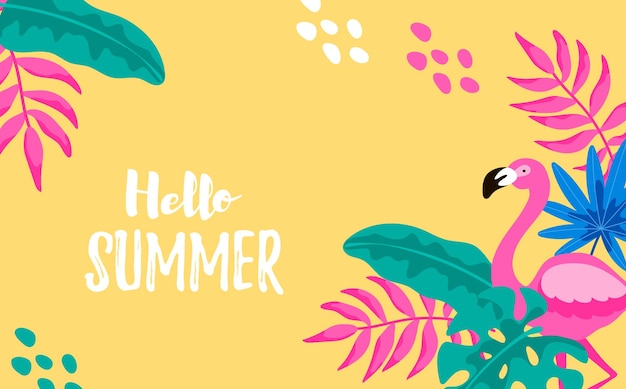 Hola verano fondo tropical horizontal ilustración vectorial con elementos dibujados a mano