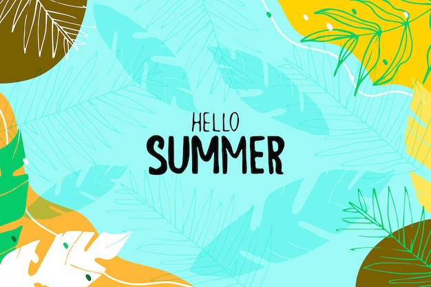 Hola verano Fondo de verano con hojas y letras Ilustración vectorial