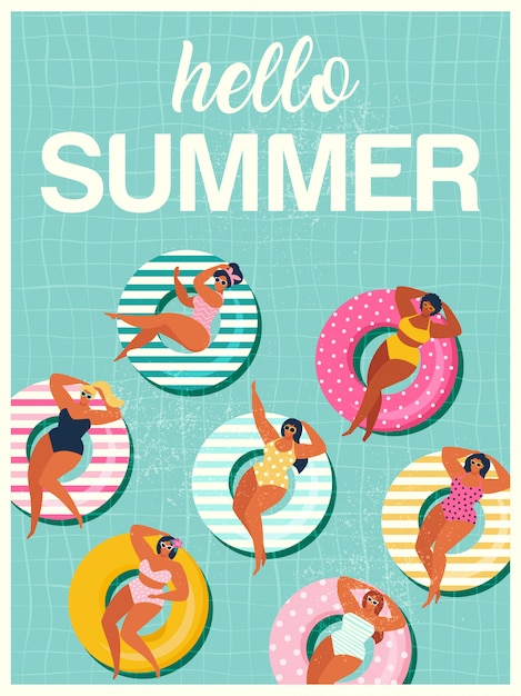 Hola verano con gils en anillo de natación inflable en fondo de flotadores de piscina