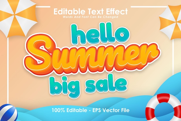 Hola verano gran venta efecto de texto editable 3 dimensiones relieve estilo de dibujos animados