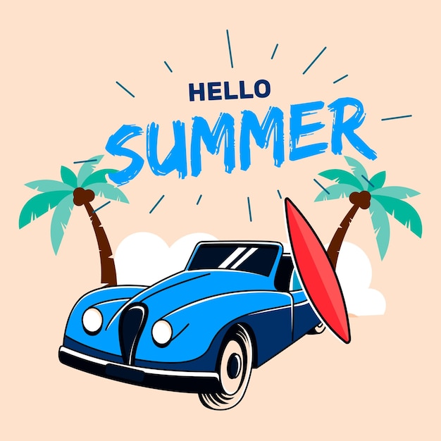 Hola verano con ilustración de coche en la playa.