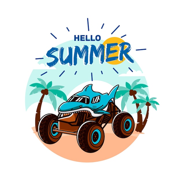 hola verano con ilustración de coche en la playa
