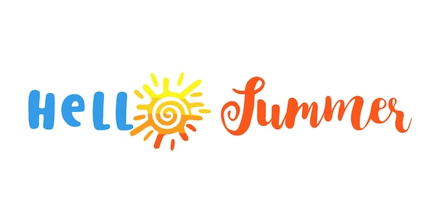 Hola verano letras creativas 2022 concepto de logotipo de viaje con sol amarillo Texto vectorial decorativo