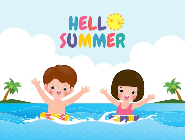 hola verano de niños lindos en natación y anillo de goma en el mar dibujos animados de niños