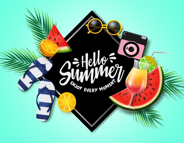 Hola verano en plantilla de banner de vector de marco negro Hola texto de verano con playa y frutas tropicales