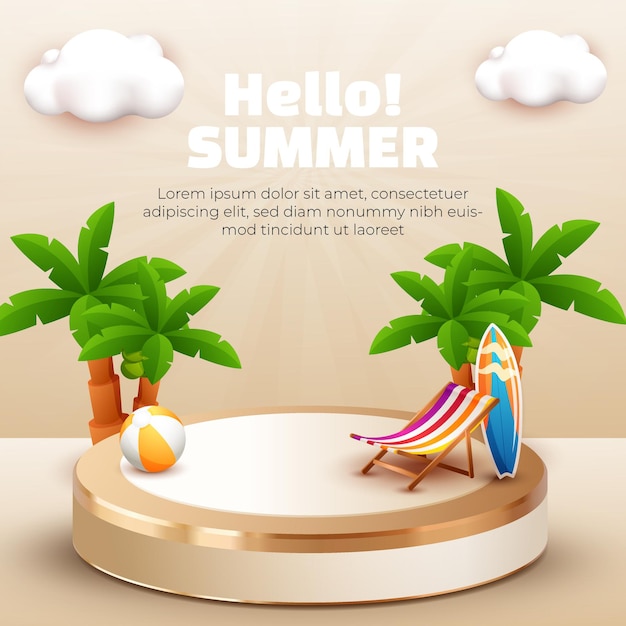 hola verano con podio 3d cocotero y nube para banner de verano