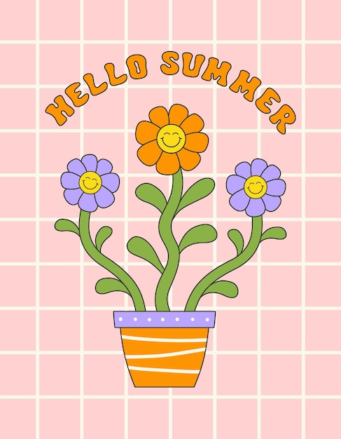 Hola verano retro hippie diseño ilustración mensaje positivo frase aislada en un cuadriculado
