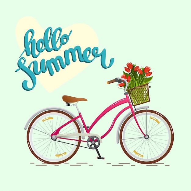 Hola verano, rosa de moda para niñas y mujeres en bicicleta para la ciudad