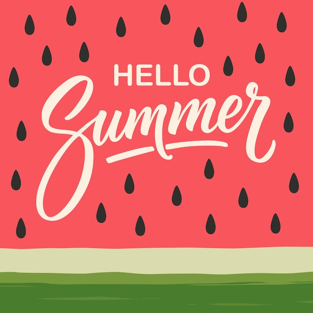 Hola verano sandía ilustración vectorial de fondo con semillas y corteza verde en un brillante