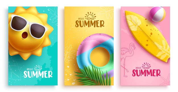 Hola, verano, texto, vector, cartel, conjunto, hola, verano, tarjeta de felicitación, con, sol, llevando, gafas de sol, playa