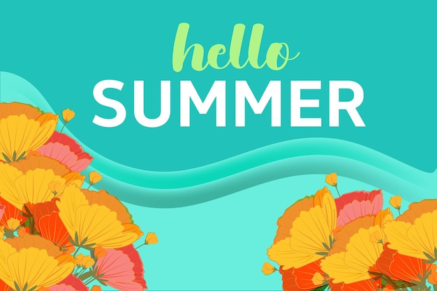 Hola verano Vector horizontal bandera de verano fondo floral verde dibujado a mano arte floral