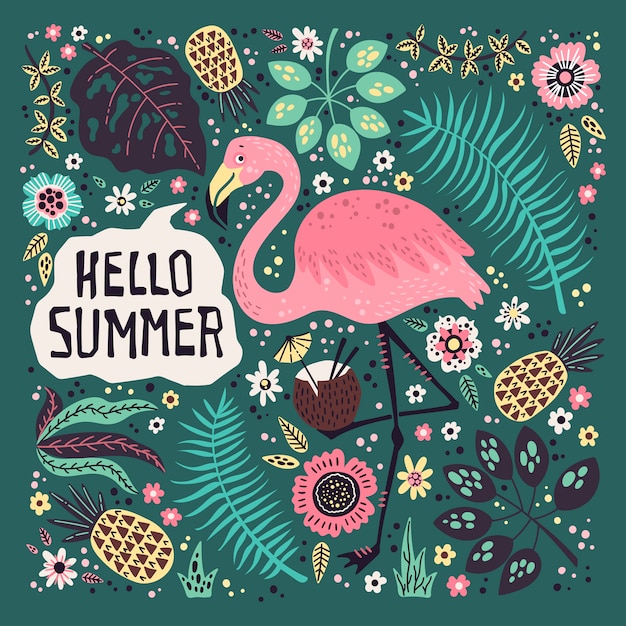 Hola Verano. Vector lindo flamenco rodeado de frutas tropicales, plantas y flores.