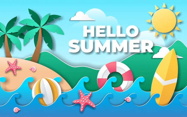 Hola verano en vector premium de estilo de papel